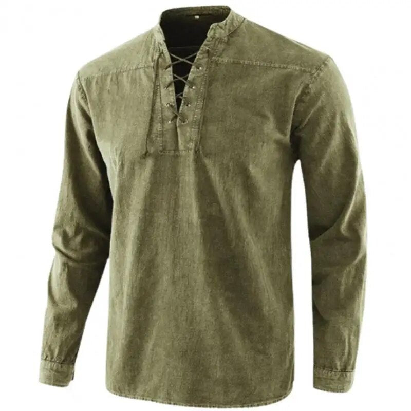 Nukty Vintage V-Neck Long Sleeve Cotton T-Shirt for Men