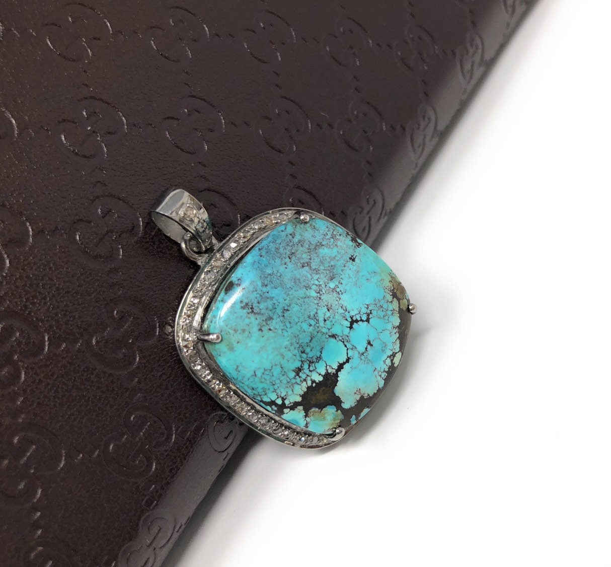 Natural Genuine Tibetan Turquoise Sterling Silver Pave Diamond Pendant