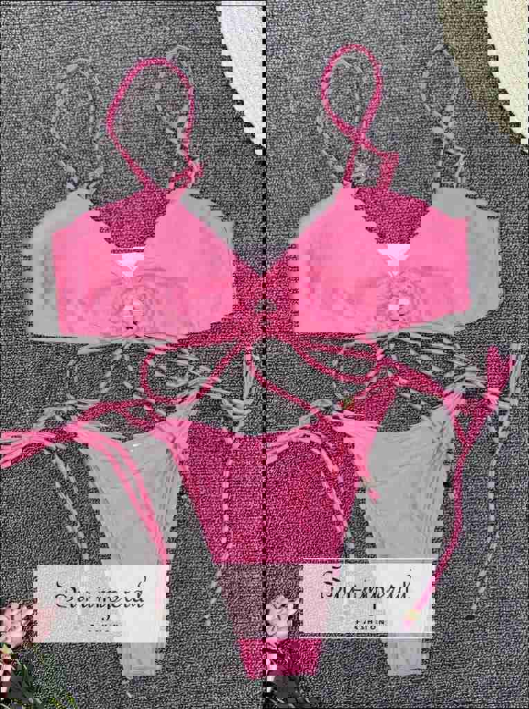 Scalloped String Bikini Swimsuit - Red Wine