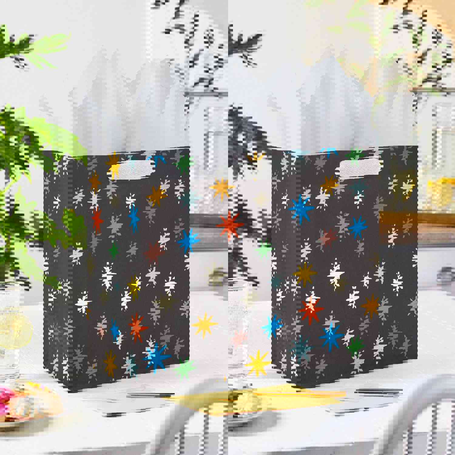 Hallmark 7.7 Colorful Stars on Black Medium Horizontal Gift Bag