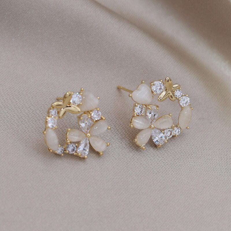 Elegant 14K Gold Plated Zircon Opal Flower Butterfly Earrings for Women