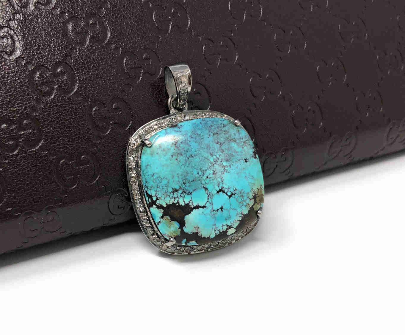 Natural Genuine Tibetan Turquoise Sterling Silver Pave Diamond Pendant