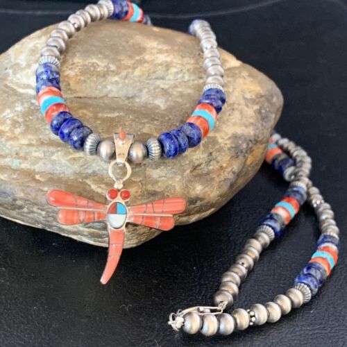 Dragonfly Sterling Silver Turquoise Coral Inlay Multi-Color Pendant Necklace