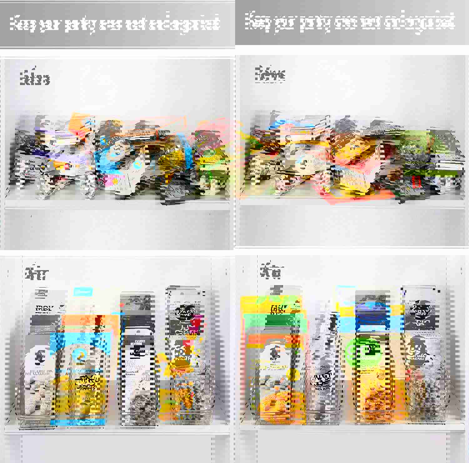 YIHONG 4 Pack Clear Plastic Food Packet Organizer Bins with Removable Dividers