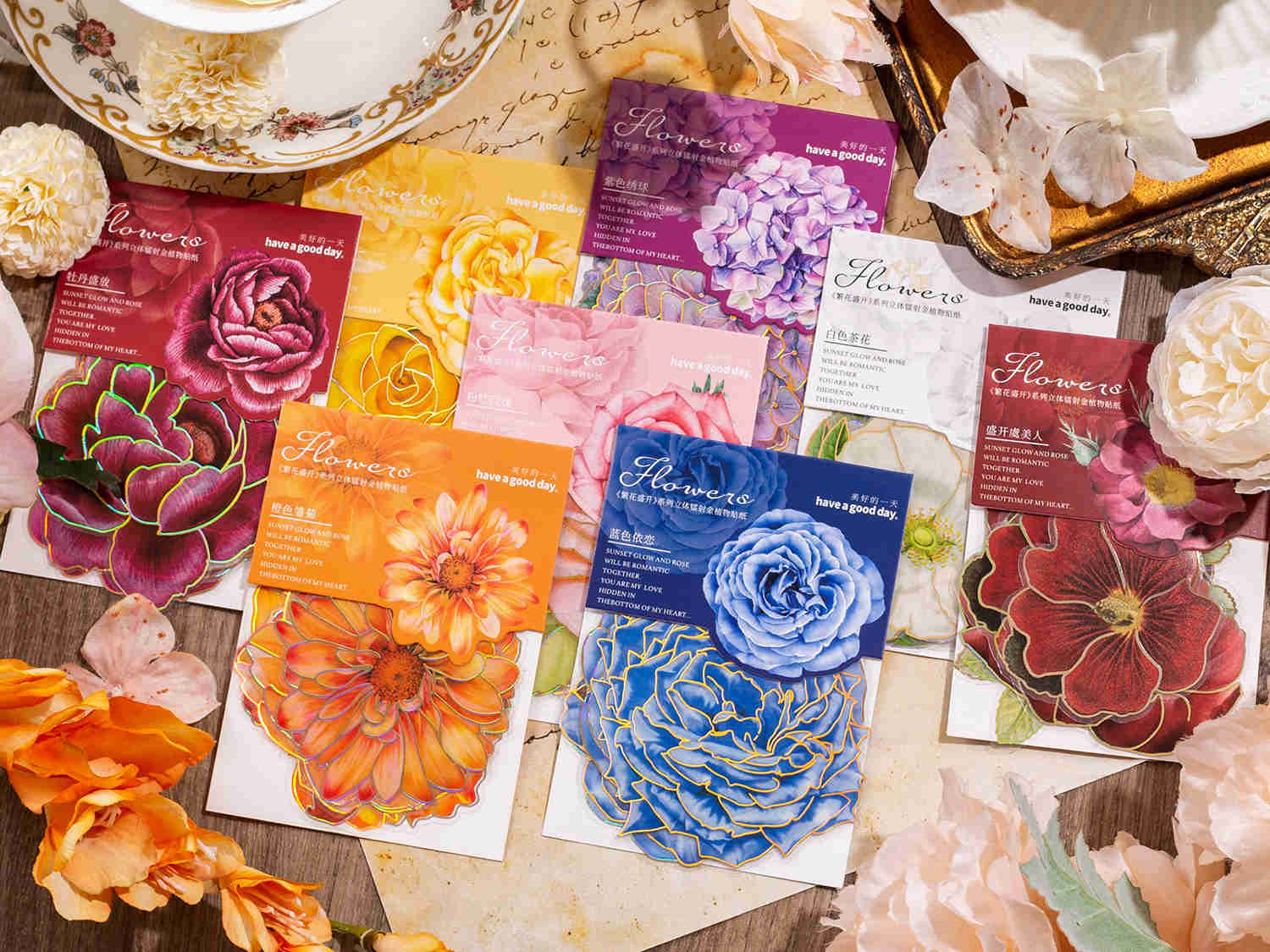 Knaid 80 Pieces Large Size Flower Stickers with Gold Holographic Outlines and Vibrant Colors