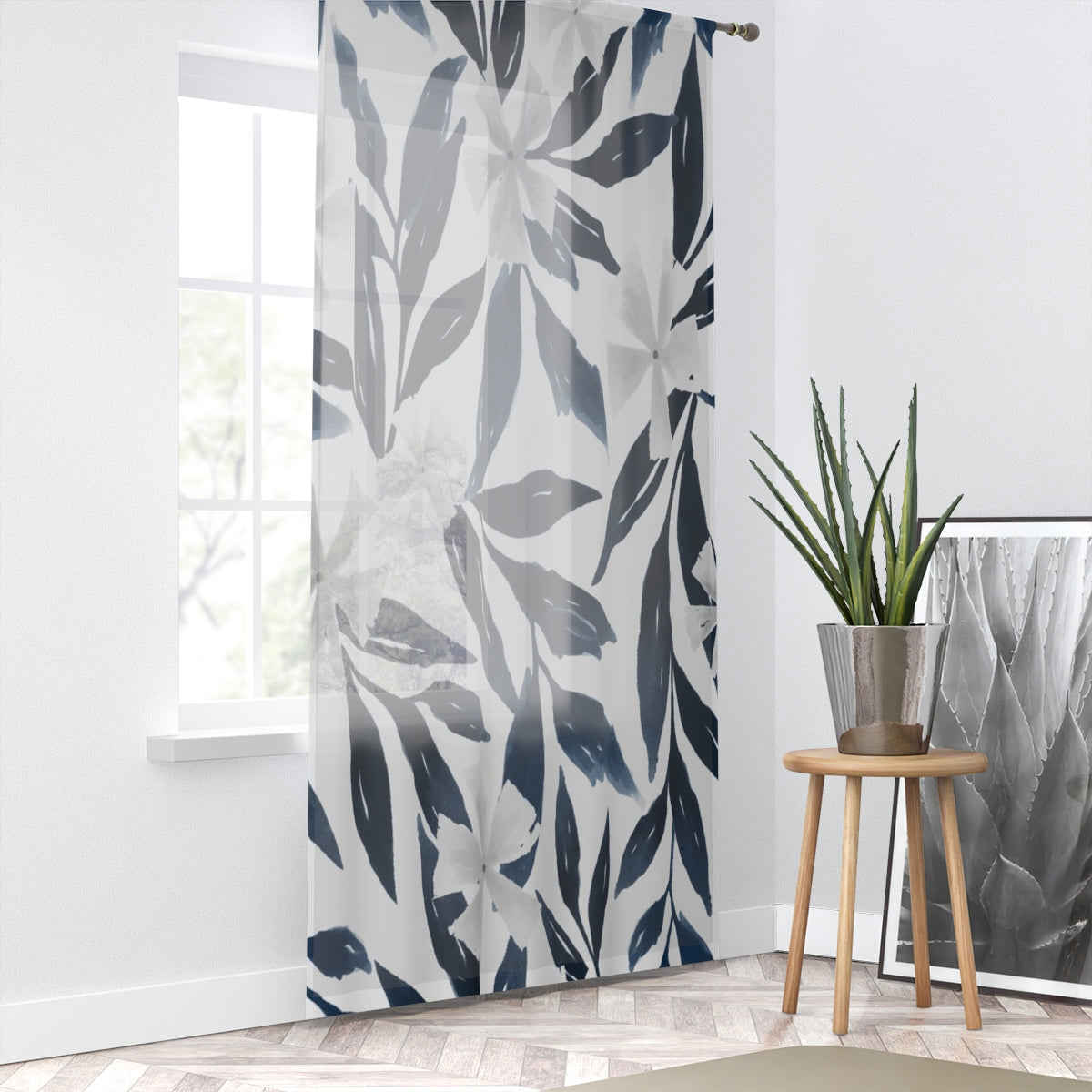 SILVER FLOWERS & NAVY PAINTED - SHEER Window Curtain