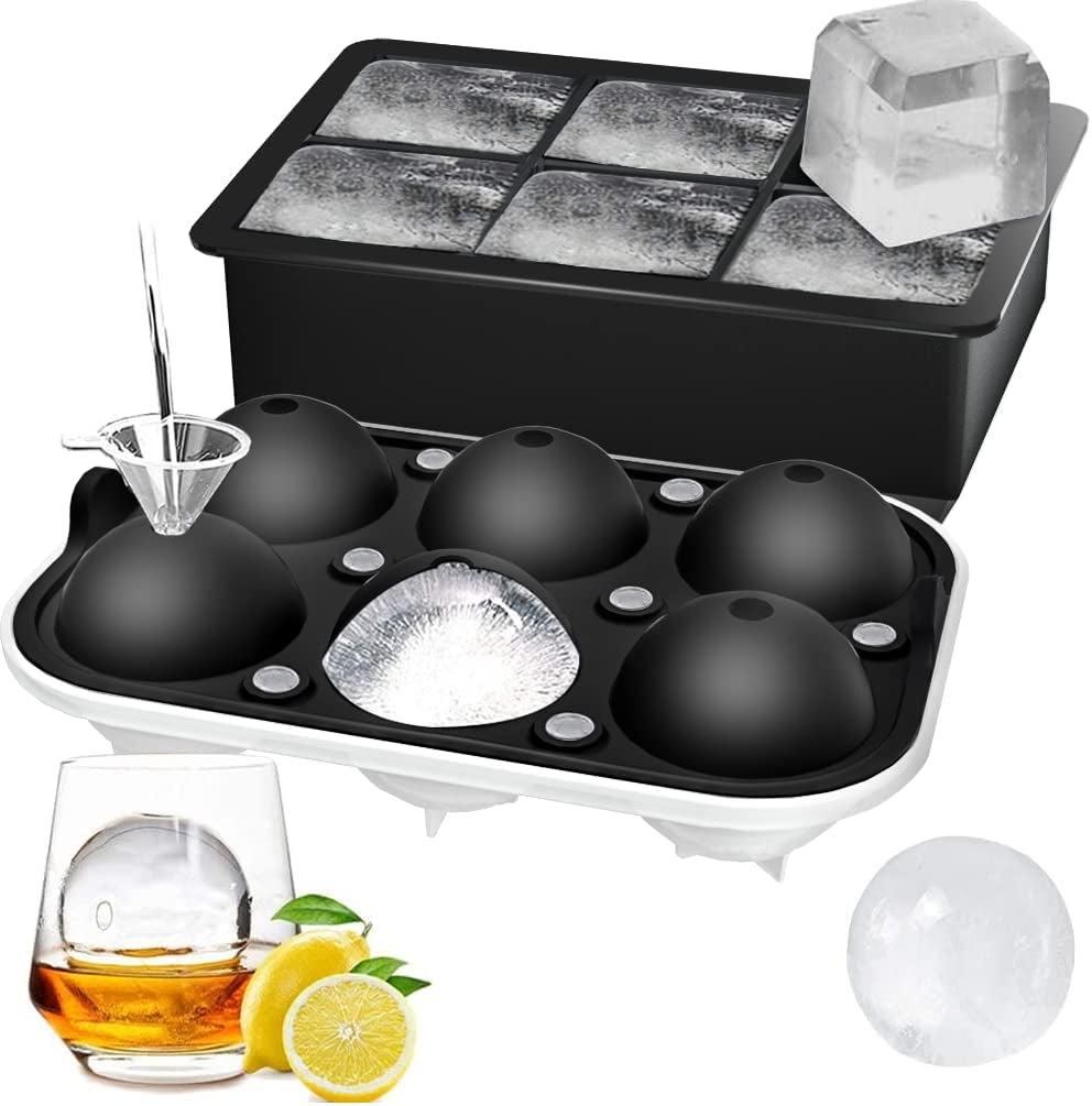 Set of 2, Sphere Ice Ball Maker with Lid & Large Square Ice Cube Maker