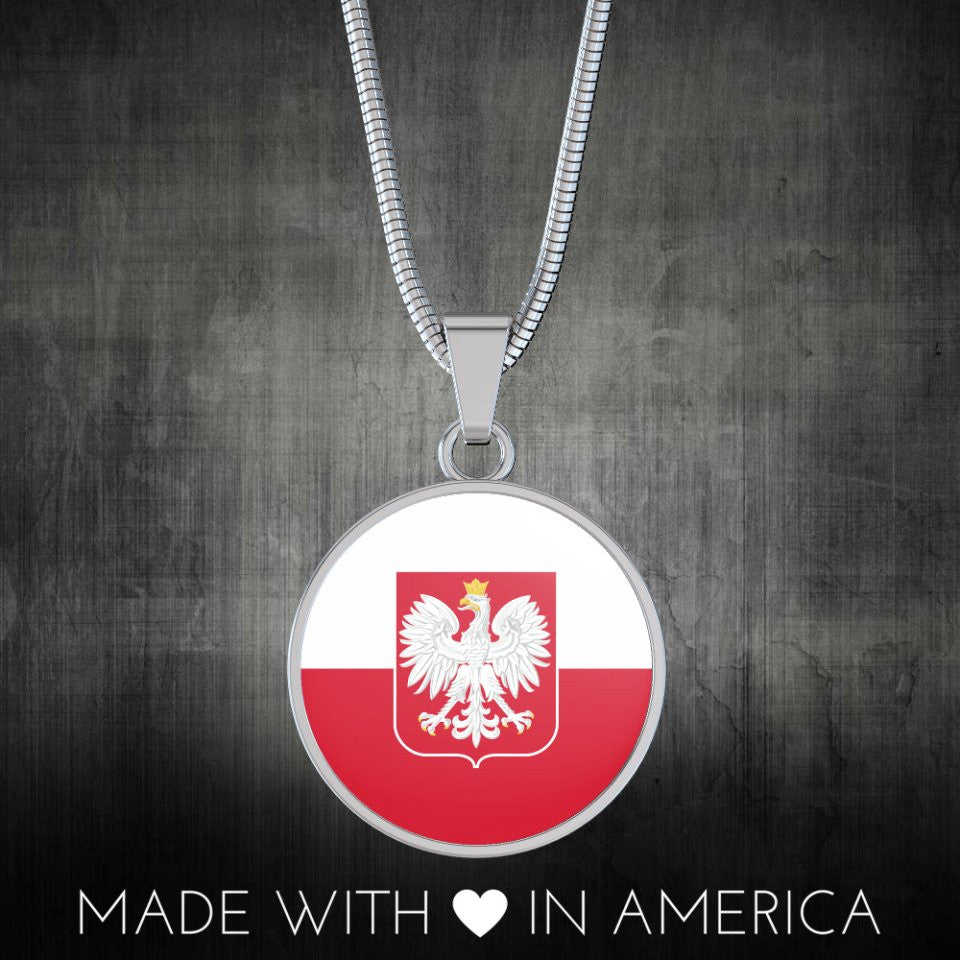 Polish Flag With Circle Pendant Necklace - Adjustable Surgical Steel & Shatterproof Glass