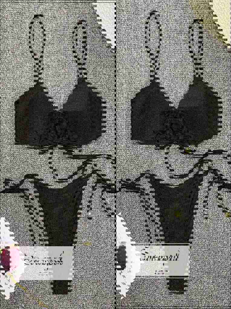 Scalloped String Bikini Swimsuit - Red Wine