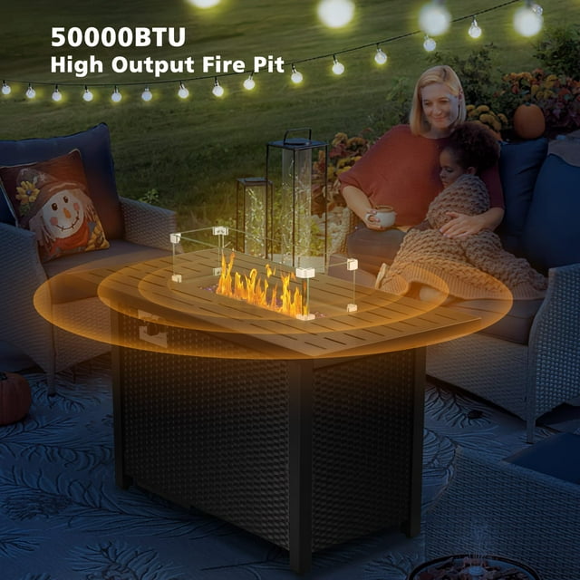 KISSAIR 44-inch Propane Fire Pit Table for Outdoor Use with Lid and Wind Guard