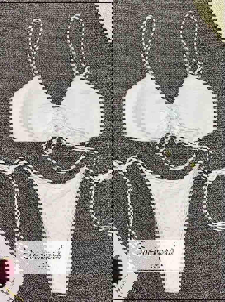 Scalloped String Bikini Swimsuit - Red Wine