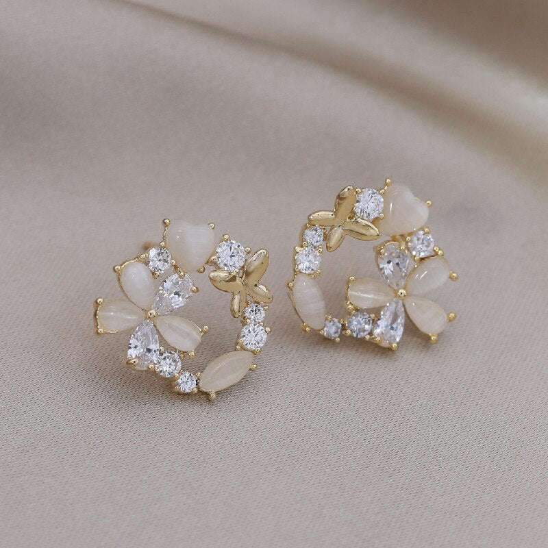 Elegant 14K Gold Plated Zircon Opal Flower Butterfly Earrings for Women