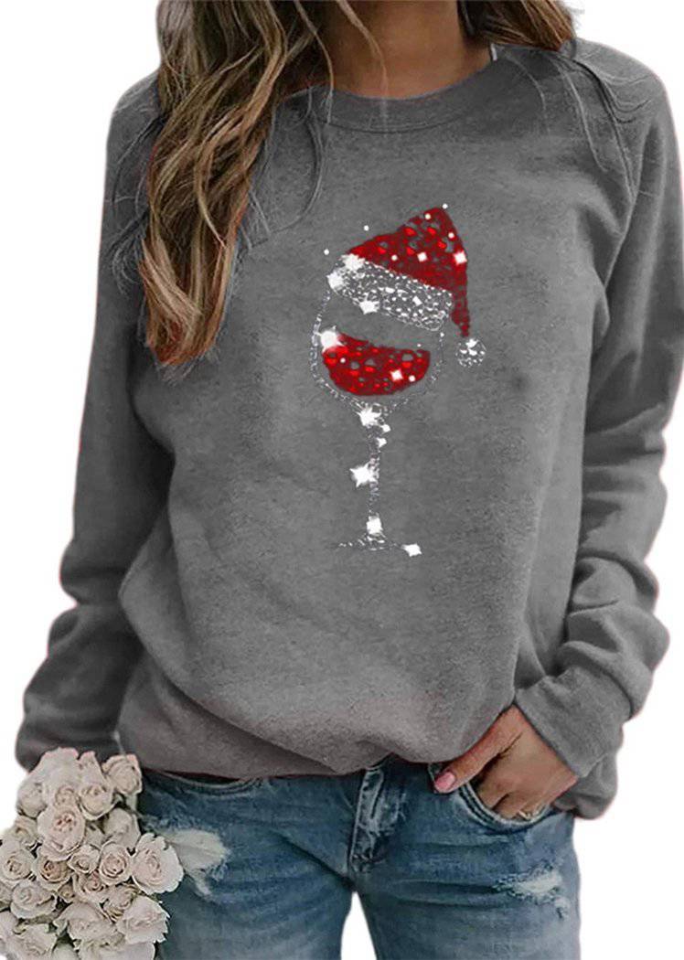 Fashion Christmas Hat Red Wine Glass Printing Long Sleeve Round Neck Pullover Tops for Women