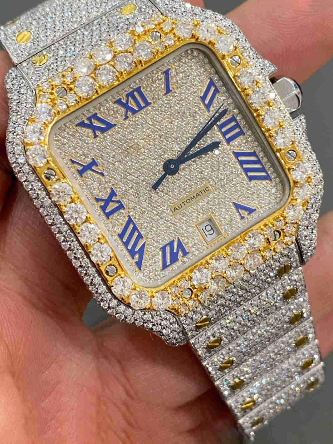 Blue Roman Numeral Two Tone Moissanite Hip Hop Watch