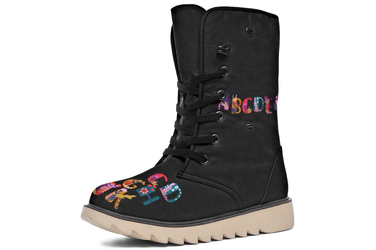 Folk Floral Alphabet Polar Vibe Boots - Custom Printed, Vegan & Water Resistant