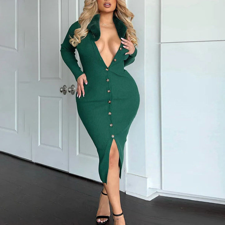 Bodycon Fur Collar Long-Sleeved Solid Color Dress
