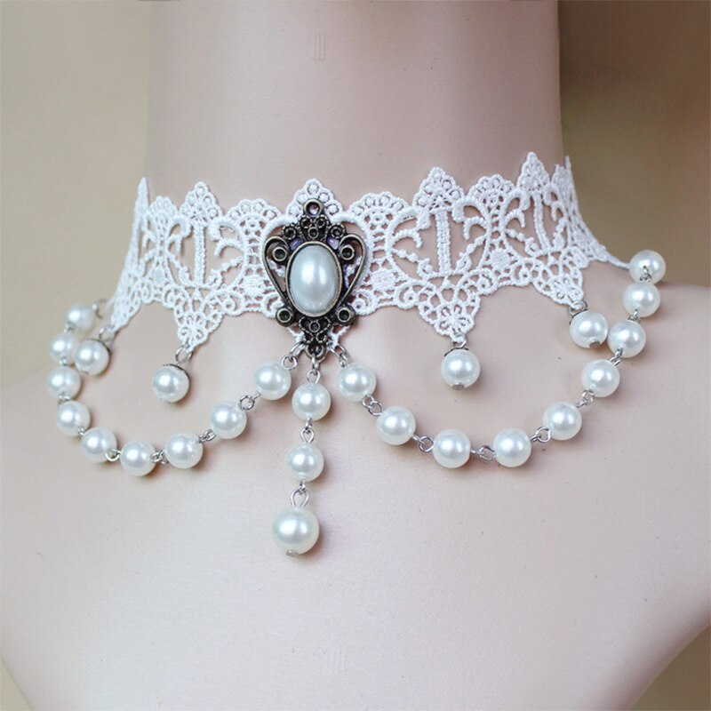 12 Pieces/Lot Sexy Hollow White Lace Pendant Necklaces with Imitation Pearls Beads for Women