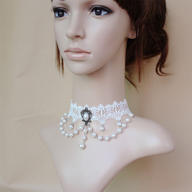 12 Pieces/Lot Sexy Hollow White Lace Pendant Necklaces with Imitation Pearls Beads for Women