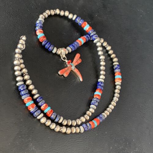 Dragonfly Sterling Silver Turquoise Coral Inlay Multi-Color Pendant Necklace