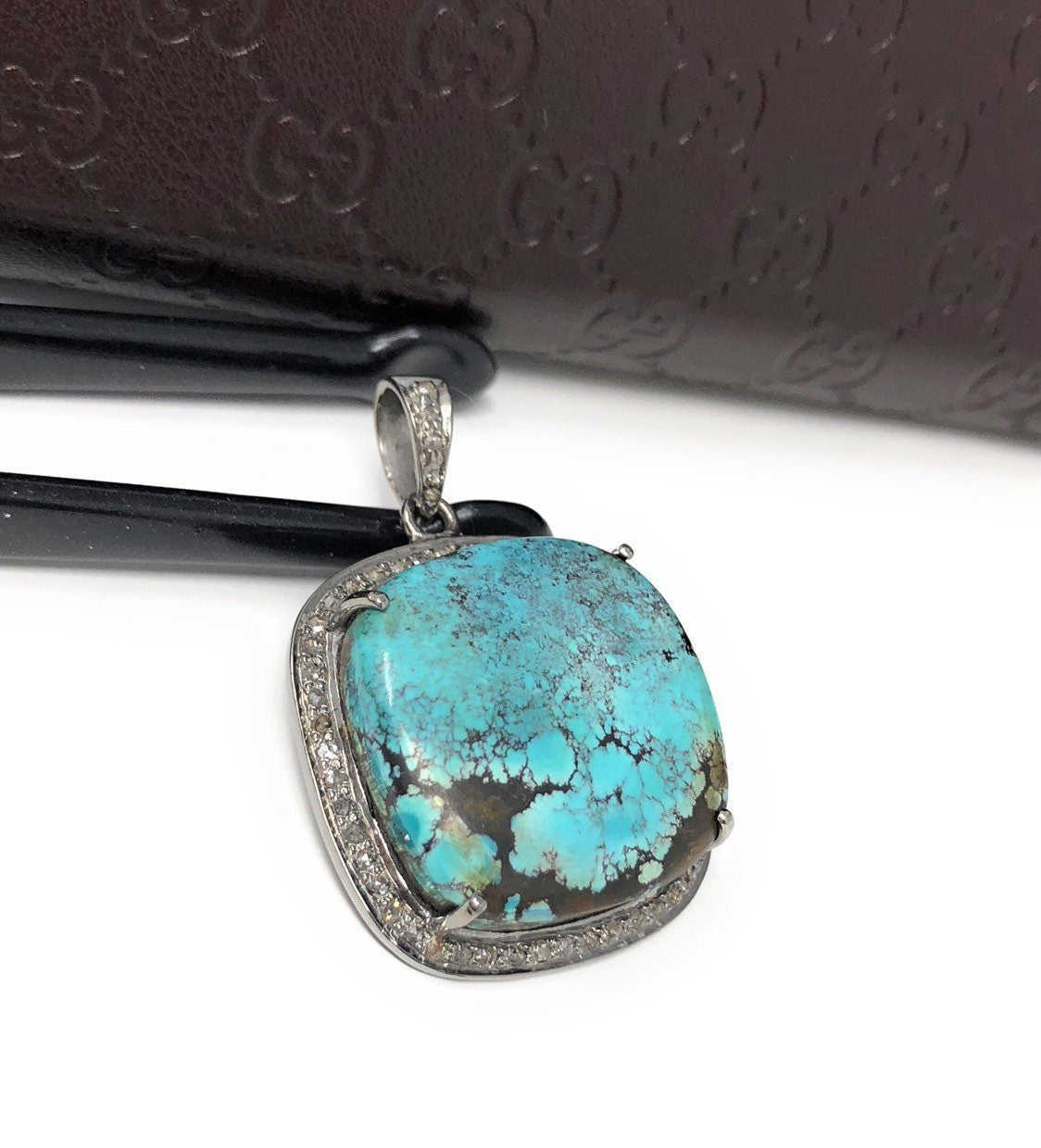 Natural Genuine Tibetan Turquoise Sterling Silver Pave Diamond Pendant