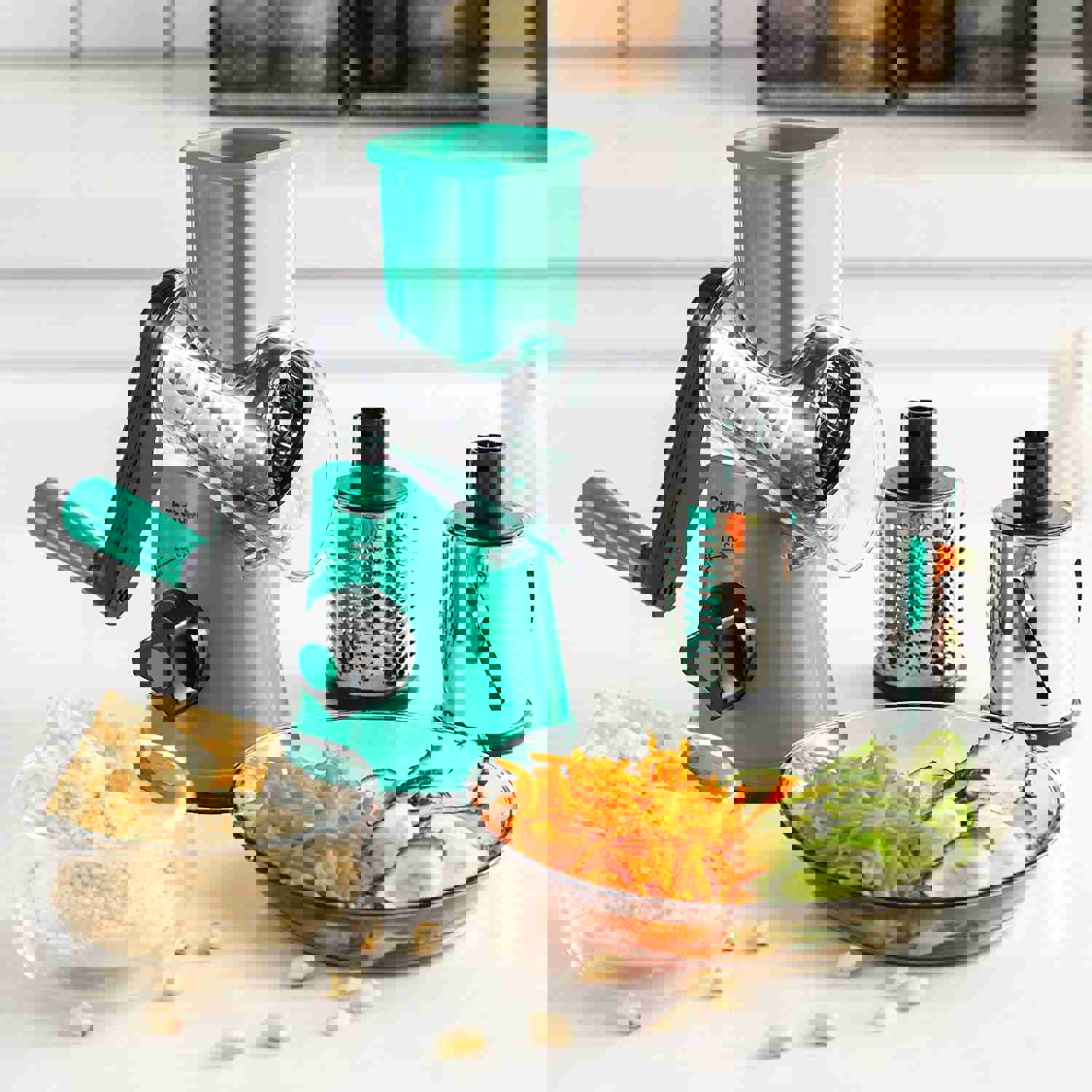 Rotary Cheese Grater with 3 Interchangeable Blades - Kitchen Mandoline Slicer for Fruits and Nuts