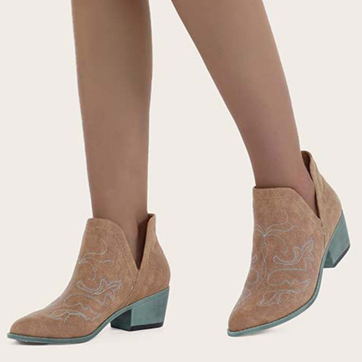 Embroidered V Cutout Western Ankle Boots with Chunky Heel