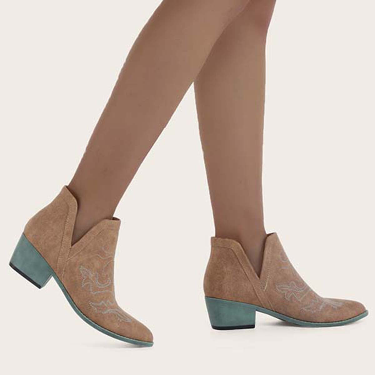 Embroidered V Cutout Western Ankle Boots with Chunky Heel