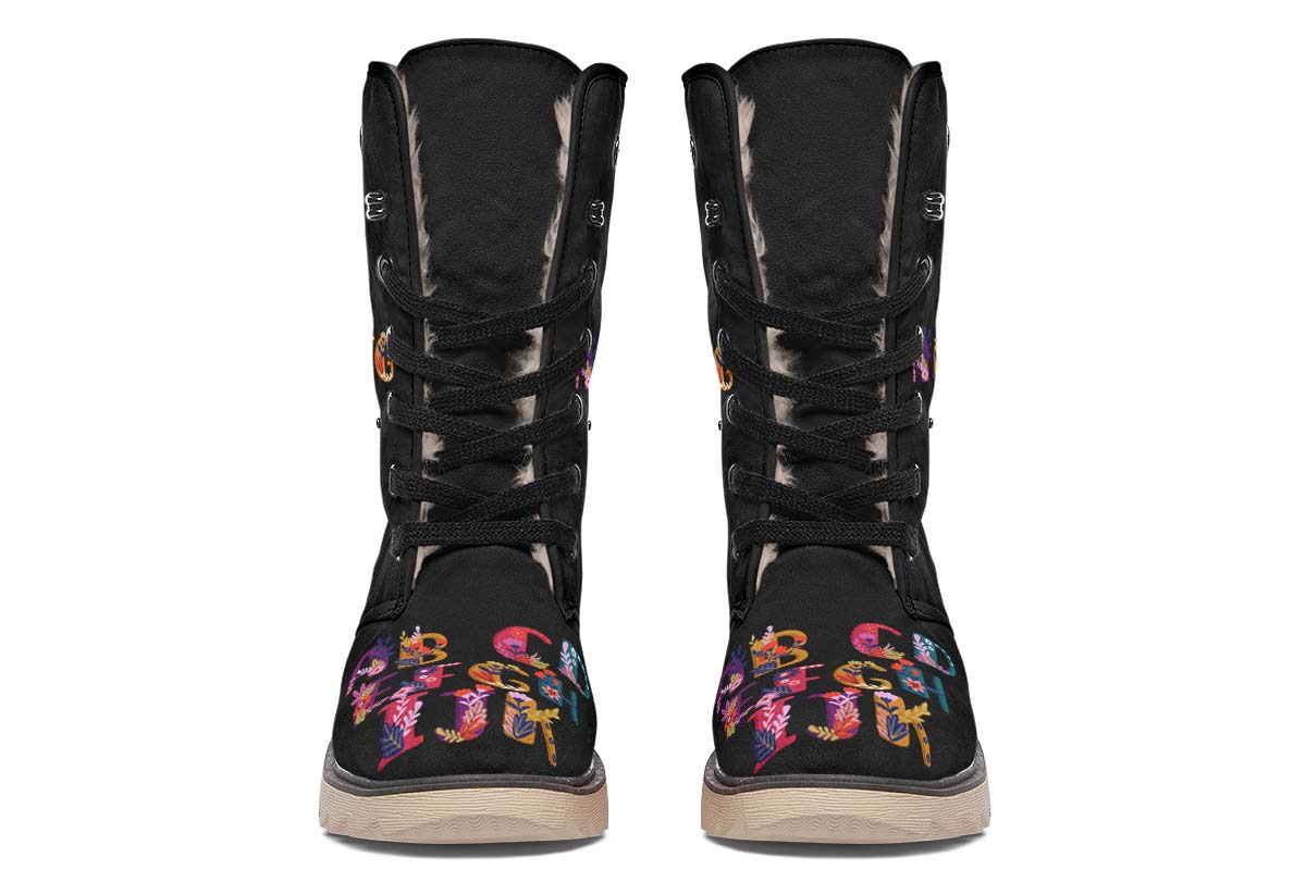 Folk Floral Alphabet Polar Vibe Boots - Custom Printed, Vegan & Water Resistant