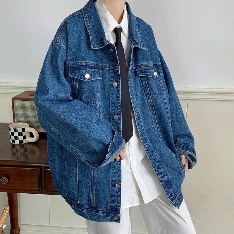 Nukty Plus Size 5XL-M Black Denim Jacket for Men, Turn Down Collar, Multi-Pockets, Streetwear Loose Casual Coat