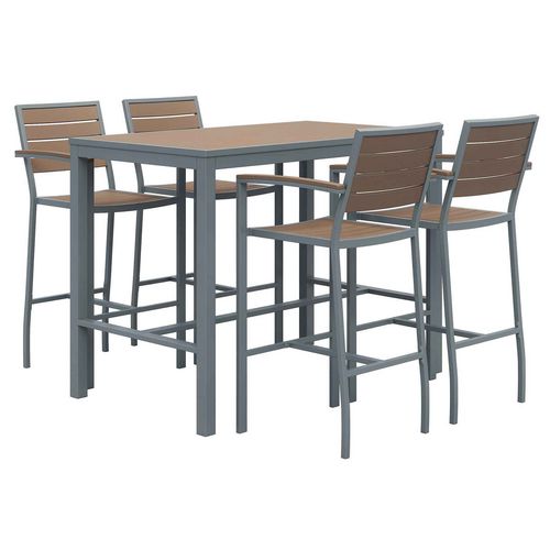 Eveleen Outdoor Bistro Patio Table Set with Four Mocha Barstools, 32 x 55 Inches, Mocha Color