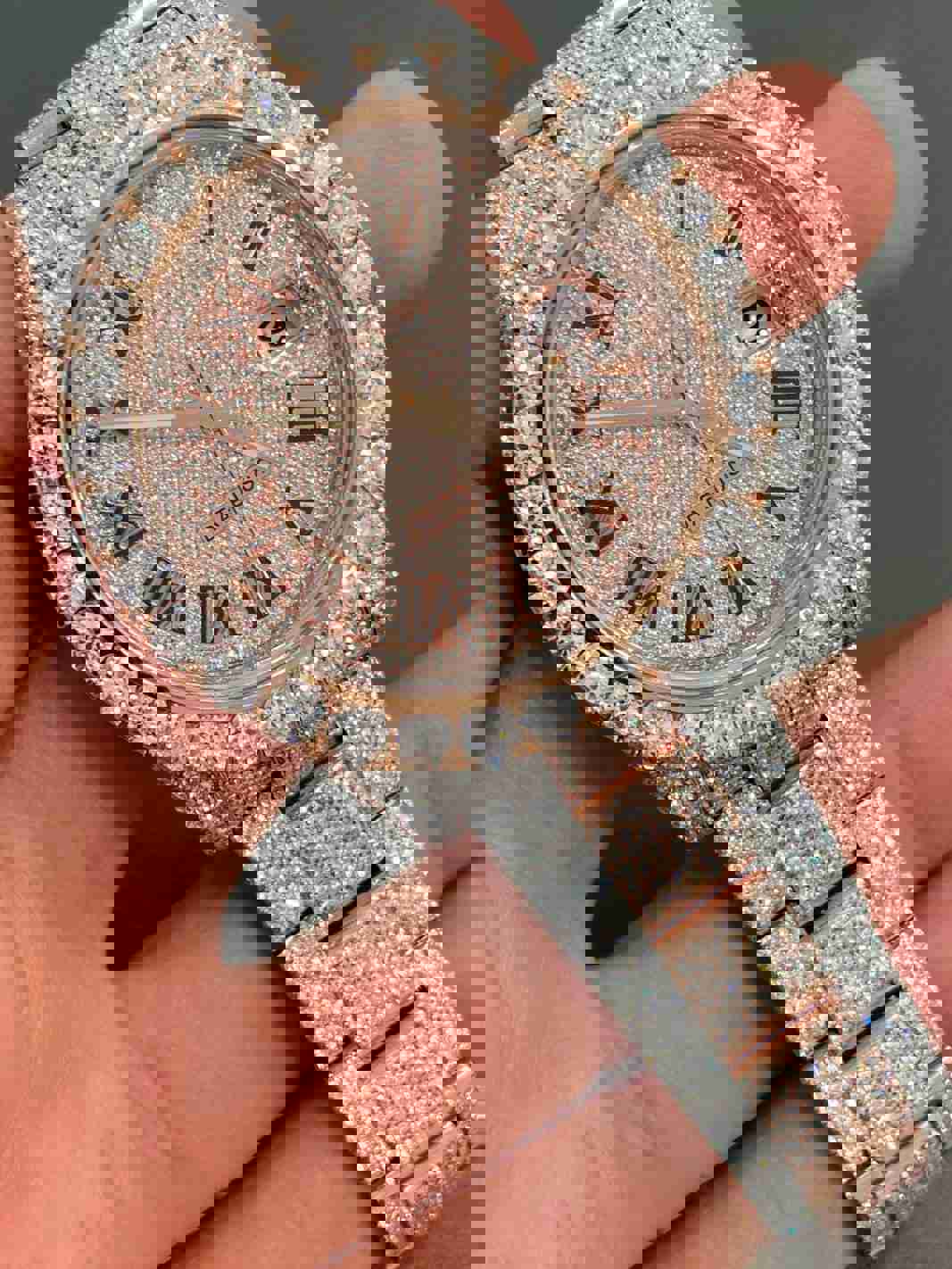 Two Tone Moissanite Diamond Studded Watch with Watch Box & Bag