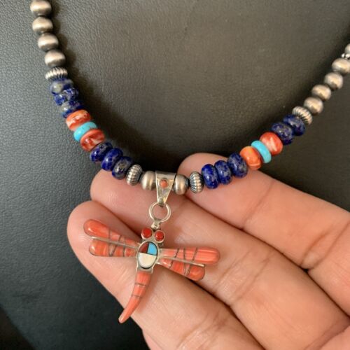 Dragonfly Sterling Silver Turquoise Coral Inlay Multi-Color Pendant Necklace