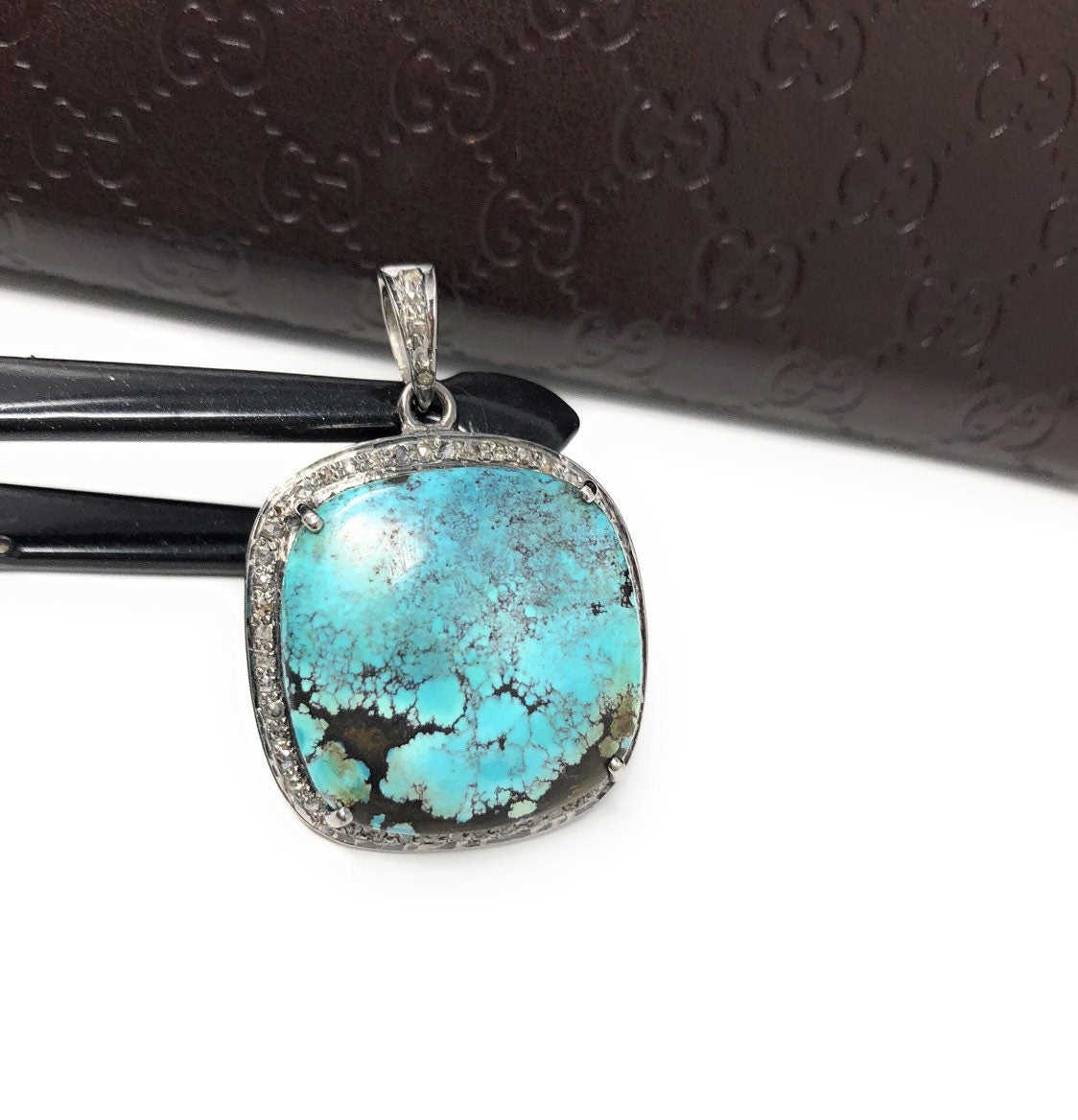 Natural Genuine Tibetan Turquoise Sterling Silver Pave Diamond Pendant