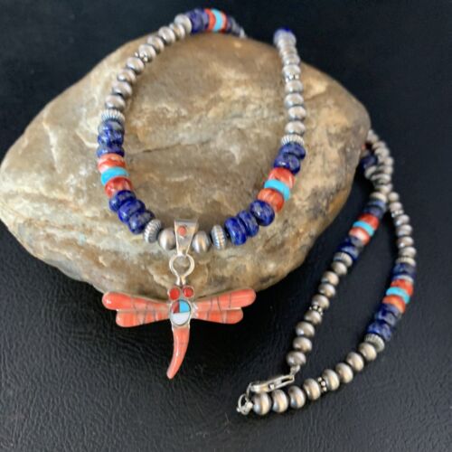 Dragonfly Sterling Silver Turquoise Coral Inlay Multi-Color Pendant Necklace