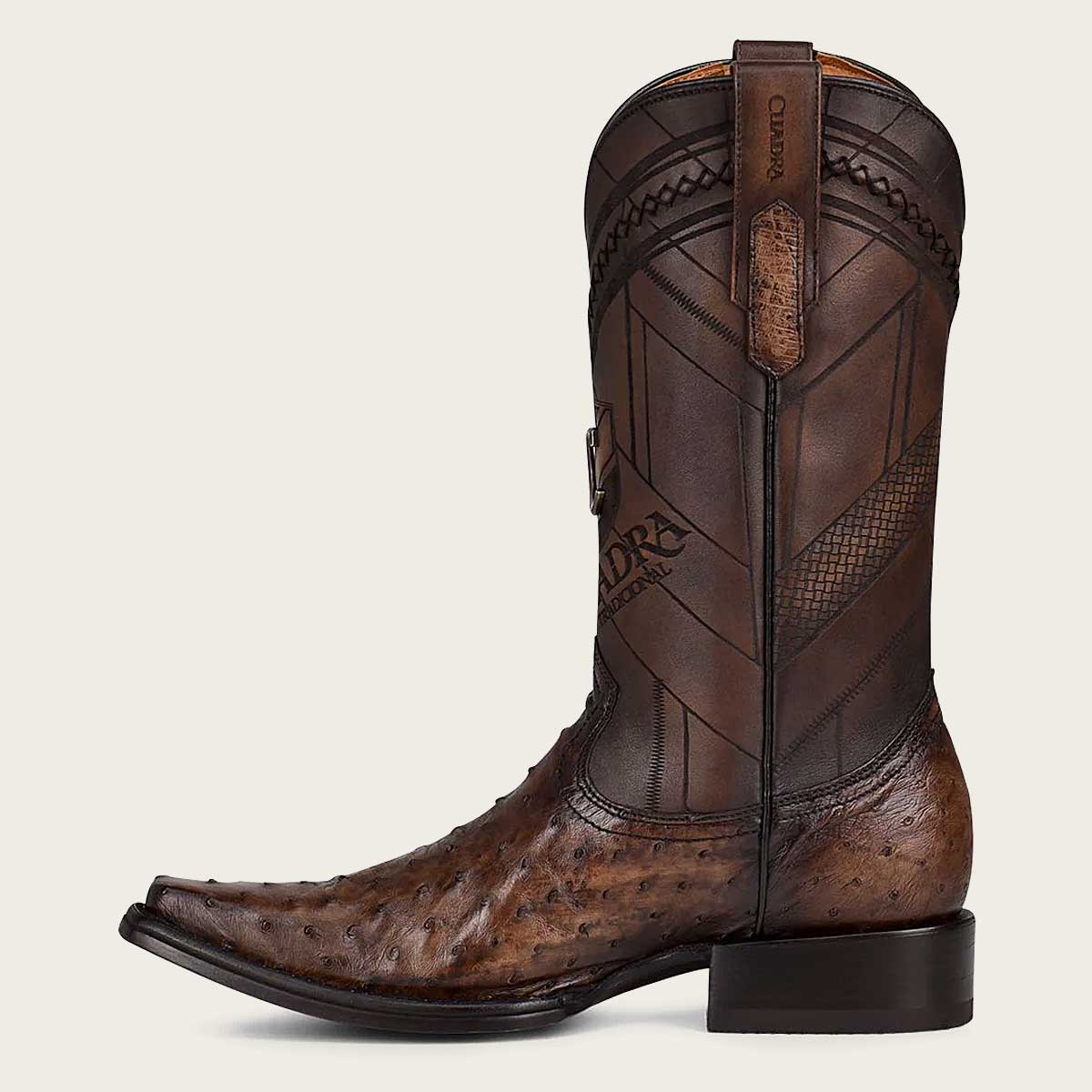 CUADRA Engraved Ostrich Leather Narrow Square Western Boot for Men