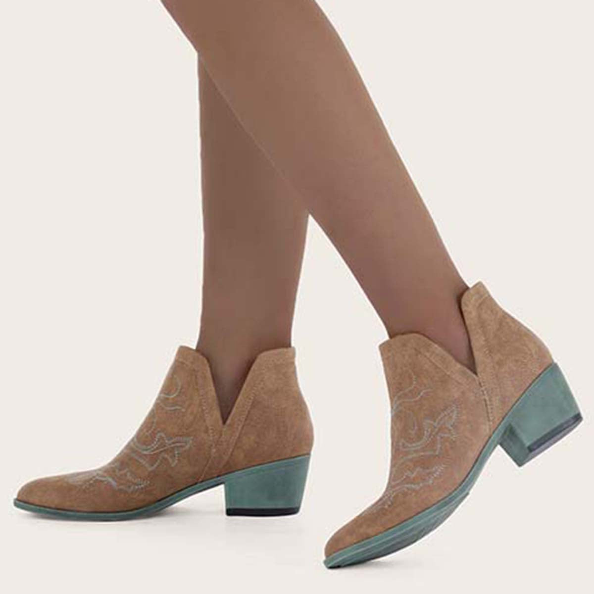 Embroidered V Cutout Western Ankle Boots with Chunky Heel