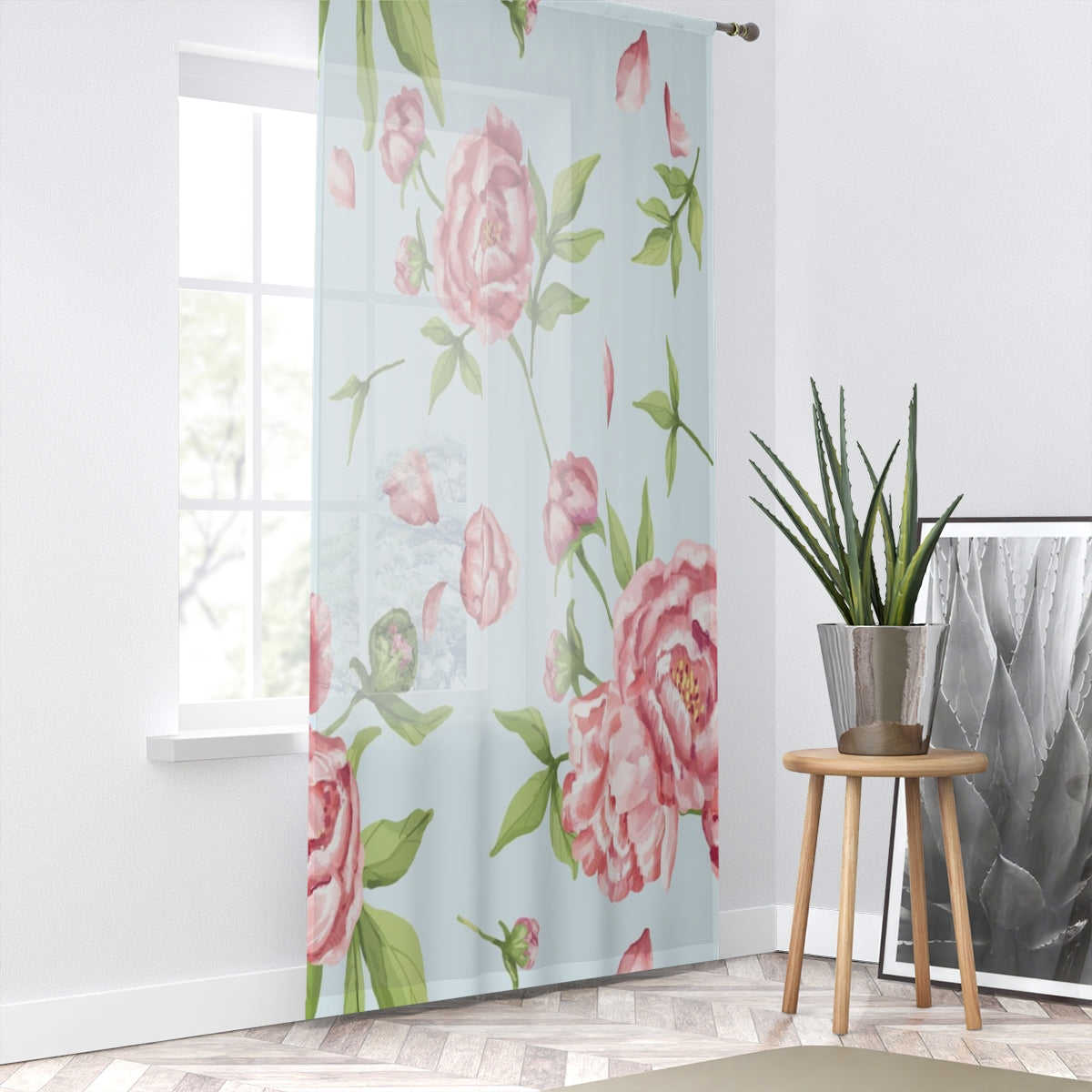 PINK PEONY DRAWING & BLUE - SHEER Window Curtain