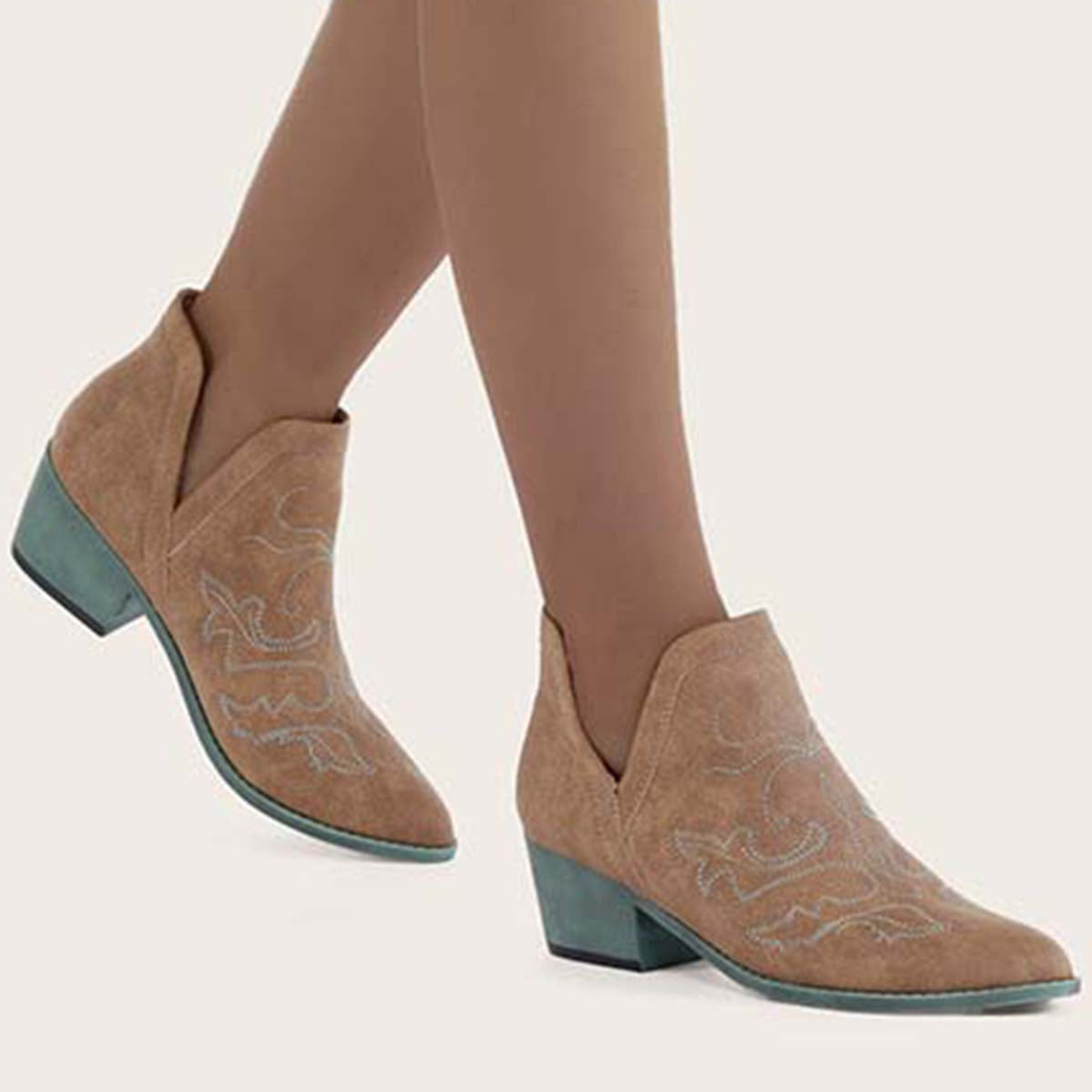 Embroidered V Cutout Western Ankle Boots with Chunky Heel