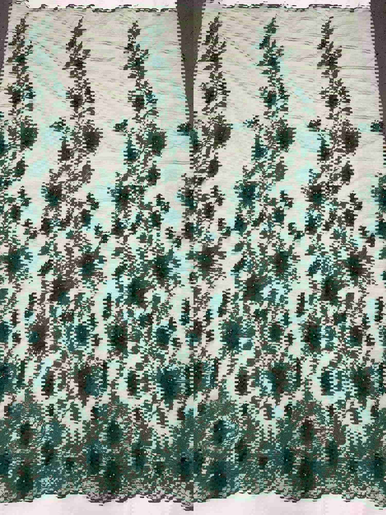Hunter Green Two Tone 3D Floral Embroidered Beaded Mesh Lace Fabric