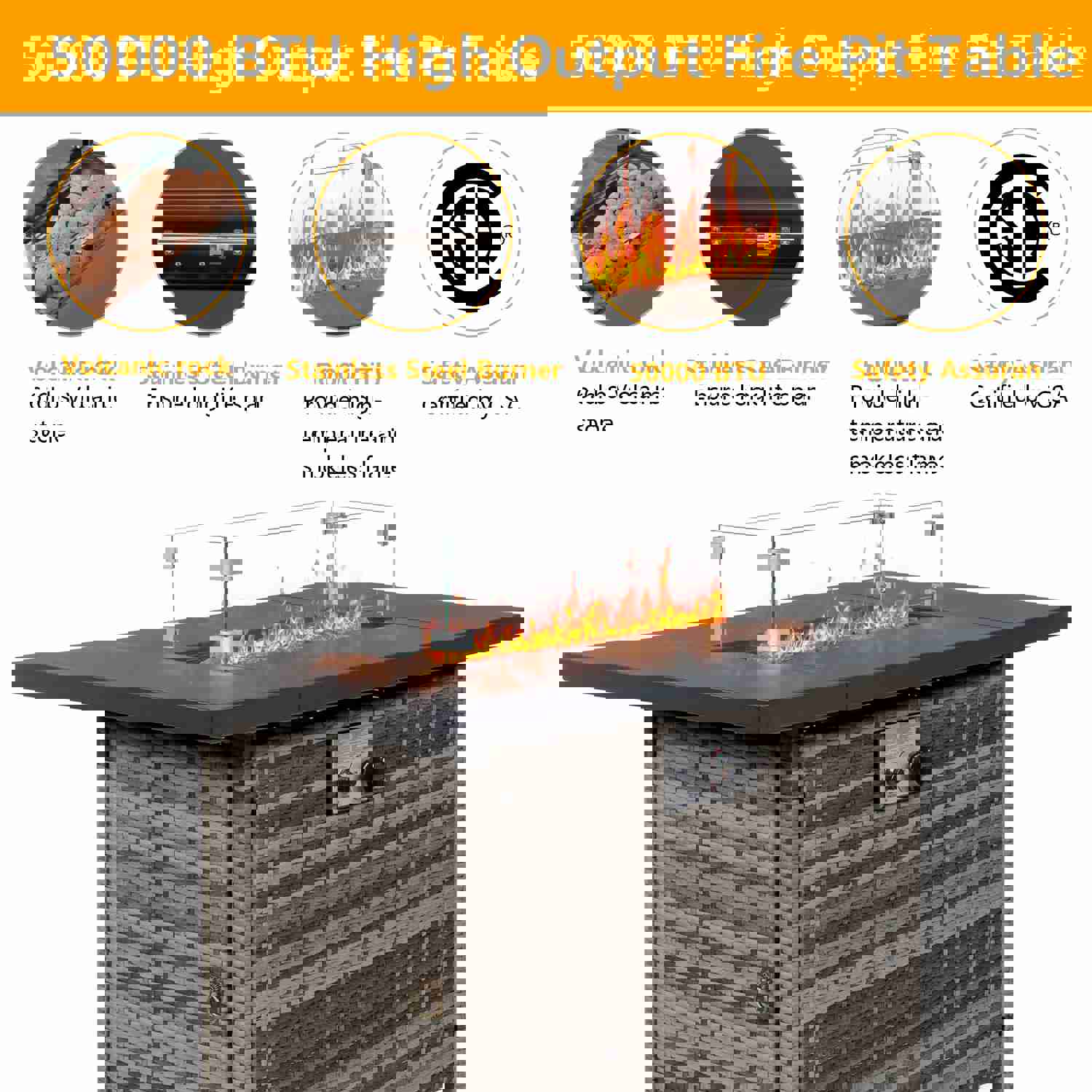 SEGMART 43 Propane Fire Pit, 50,000 BTU Auto-Ignition Gas Fire Pit Table with Rain Cover and Tempered Glass Wind Guard