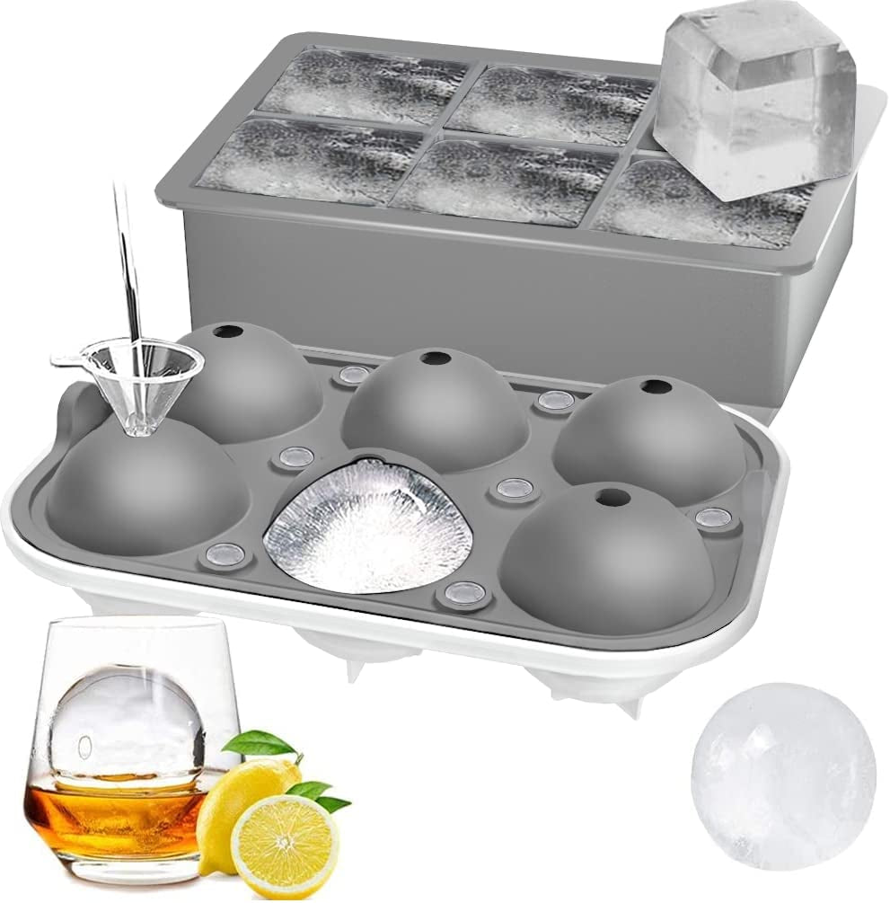 Set of 2, Sphere Ice Ball Maker with Lid & Large Square Ice Cube Maker