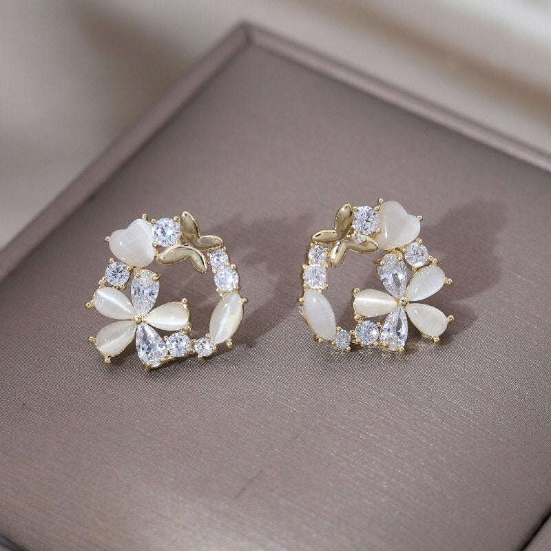 Elegant 14K Gold Plated Zircon Opal Flower Butterfly Earrings for Women