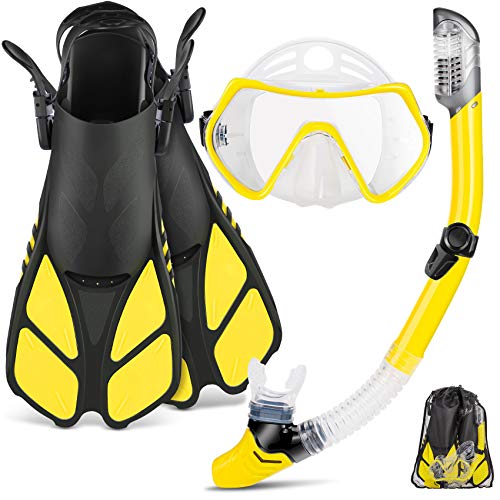 ZEEPORTE Full Face Snorkel Set - Panoramic View Diving Mask with Adjustable Fins & Dry Top Snorkel