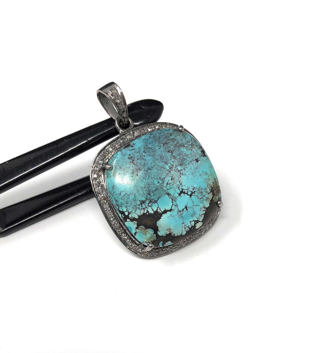 Natural Genuine Tibetan Turquoise Sterling Silver Pave Diamond Pendant