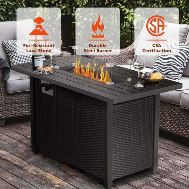 KISSAIR 44-inch Propane Fire Pit Table for Outdoor Use with Lid and Wind Guard