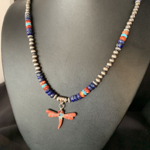 Dragonfly Sterling Silver Turquoise Coral Inlay Multi-Color Pendant Necklace