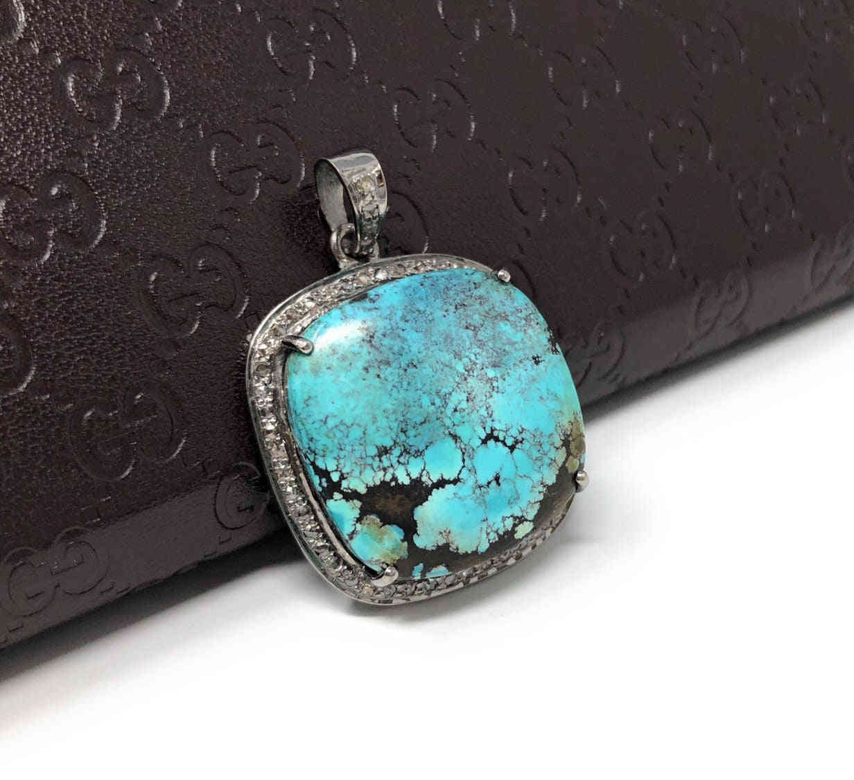 Natural Genuine Tibetan Turquoise Sterling Silver Pave Diamond Pendant