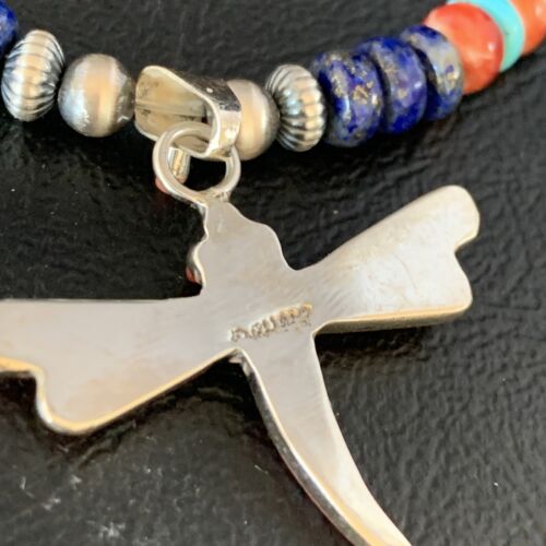 Dragonfly Sterling Silver Turquoise Coral Inlay Multi-Color Pendant Necklace