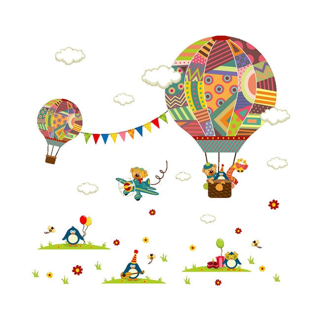 Qfdian Cartoon Cute Animals Hot Air Balloon Wall Stickers for Kids Room, Nursery, and Home Decor