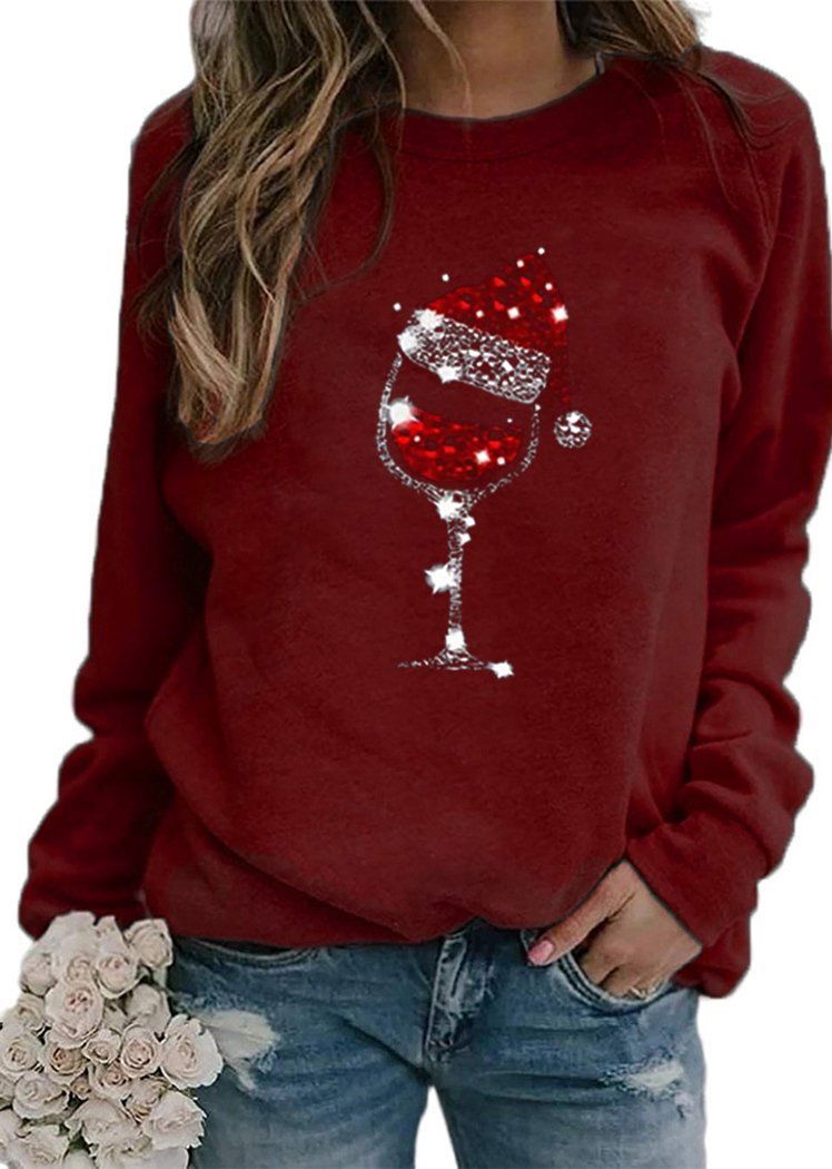 Fashion Christmas Hat Red Wine Glass Printing Long Sleeve Round Neck Pullover Tops for Women